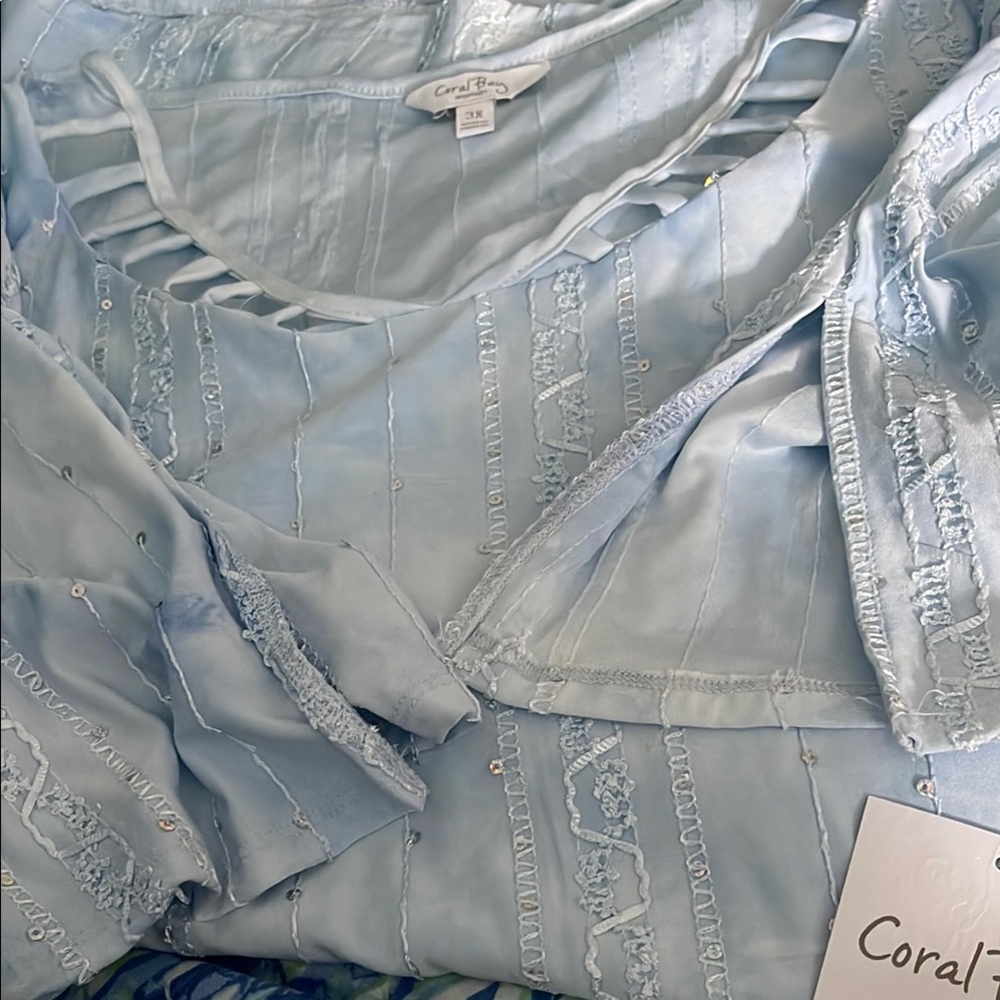 Coral Bay Blue Short Sleeve Ruffled Cut Out Blouse